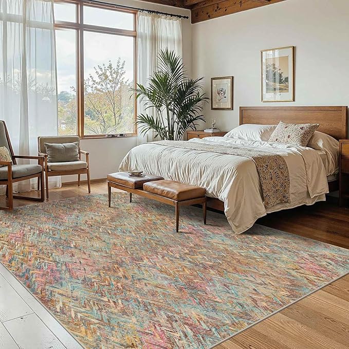 Floral Rug for Living Room Bedroom, 4x6 Washable Rug, Vintage Boho Style, Large Non Slip & Low Pile Wool Carpet for Indoor Dining Room, Girls Room, Nursery Room and Kids Room(Boho Multi 4x6ft)