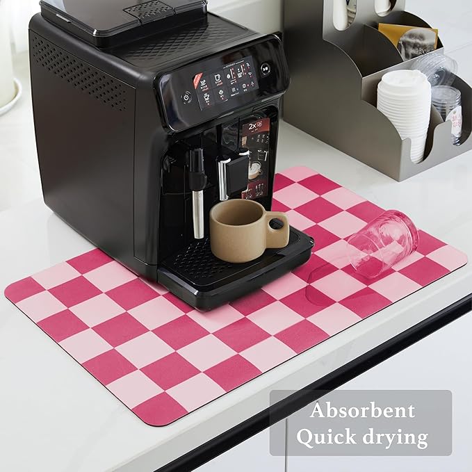 Checkered Dish Drying Mat for Kitchen Counter, Coffee Bar Station Accessories, Retro Cute Girly Pink Aesthetic Modern Absorbent Drainer Mat Kitchen Drying Mat Easy Clean, Hot Pink 16" x 24"