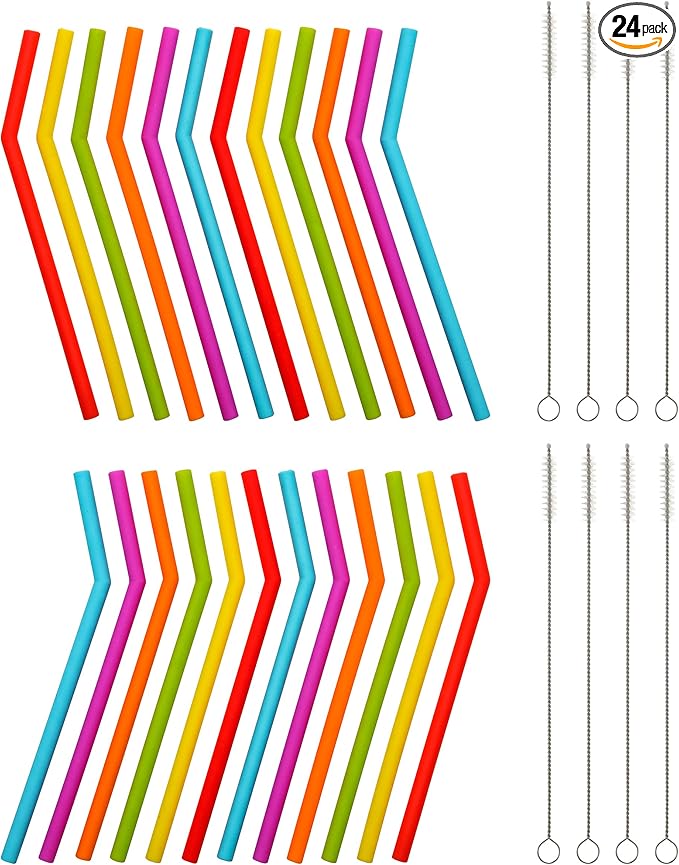 Reusable Silicone Straws for Toddlers & Kids - 24 pcs Flexible Short Drink 6.7" Straws for 6-12 oz Yeti/Rtic/Ozark Tumblers & 8 Cleaning Brushes - BPA Free, no Rubber Tast