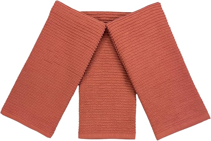Serafina Home Peach Coral Salmon Kitchen Hand Dish Towels: Oversized 28" x 18",100% Cotton Cloth Soft Cleaning Drying Absorbent Ribbed Design, Set of 3 Multipurpose for Everyday Use (Peach)