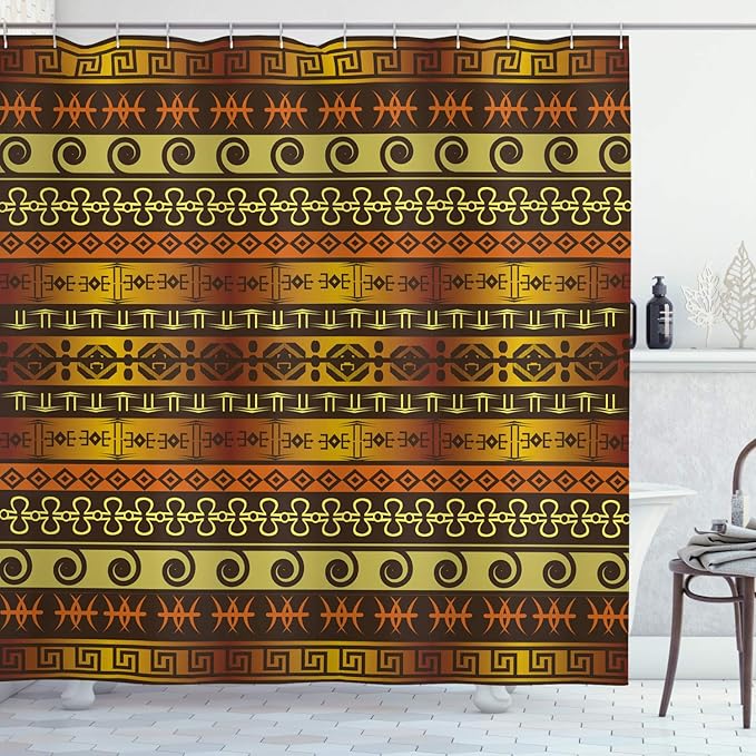 Ambesonne Prehistoric Shower Curtain, Indigenous Geometric Motifs Ornament Traditional Tribal, Cloth Fabric Bathroom Decor Set with Hooks, 69" W x 84" L, Brown Yellow Pale Orange