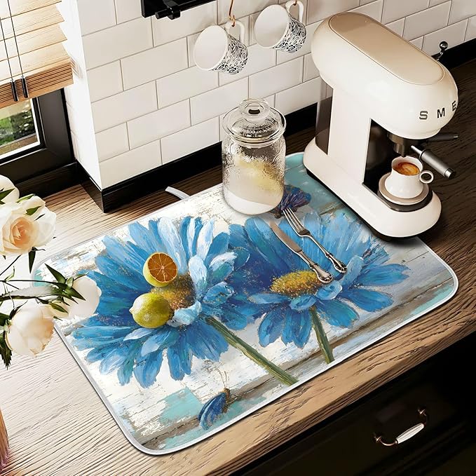 Rustic Daisy Blue on Vintage Wooden Dish Drying Mat for Kitchen Counter Absorbent Microfiber Small Drying Pad Dish mats for Kitchen Countertops 16 x 18 Inch