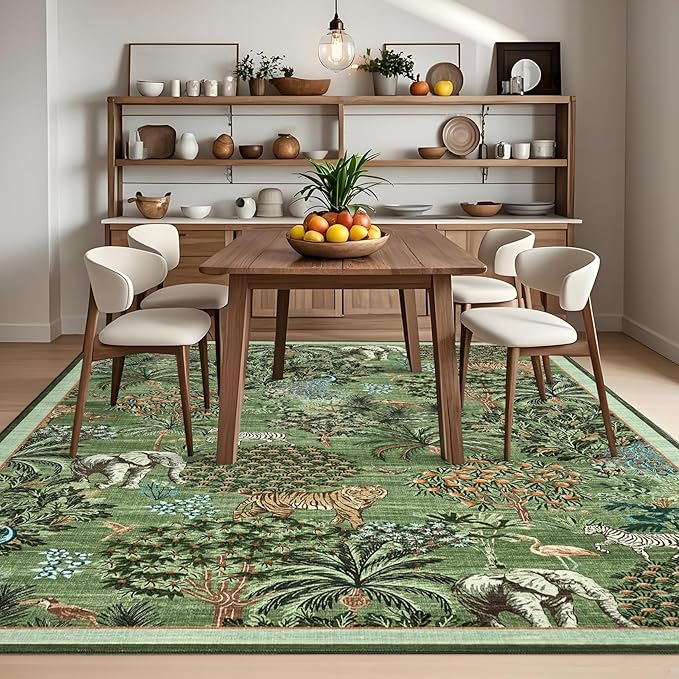 GarveeHome Jungle Washable Rug 9x12 Area Rugs for Living Room Bedroom, Animal Print Rug Non Slip Low Pile Forest Stain Resistance Large Throw Carpet for Dining Room Kids Playroom Nursery, Forest Green