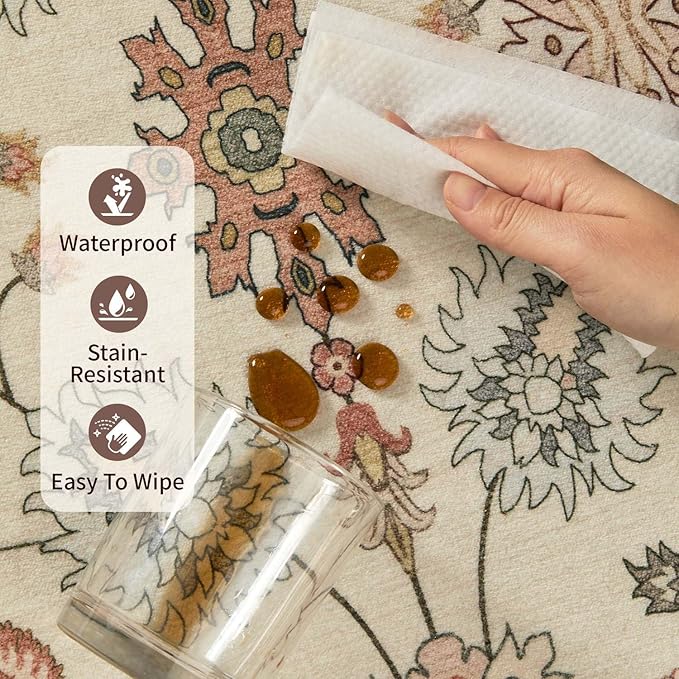 2x6 Floral Runner Rug, Washable Runners for Hallways, Apricot Vintage Boho Kitchen Rugs, Non Slip Hallway Runner Carpet for Indoor Hallway, Kitchen, Laundry Room and Bathroom
