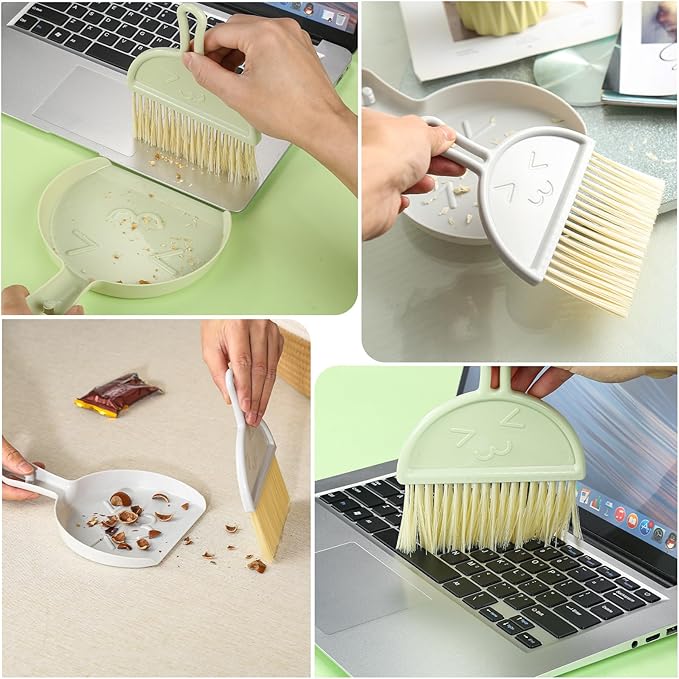 Small Broom and Dustpan Set, 2PCS Mini Dust Pan and Brush Set, Broom Dustpan Brush, Handheld Dust Pan with Cleaning Brush Combo for Home, Table, Countertop, Sofa, Key Board, Grey Green