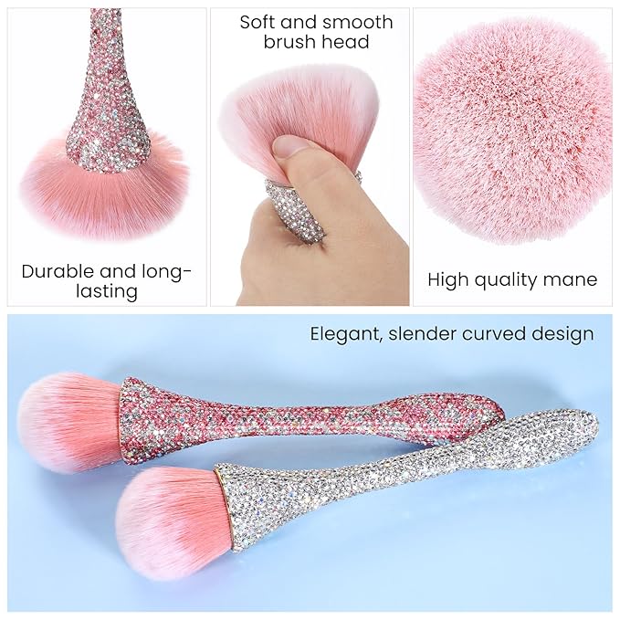 Nail Dust Brush, Pink Shiny Rhinestone Nail Art Dust Brushes Acrylic Nails Duster Brush Nails Powder Cleaning Brushes Make Up Manicure Trimming Clean Up Tools, 1 PCS