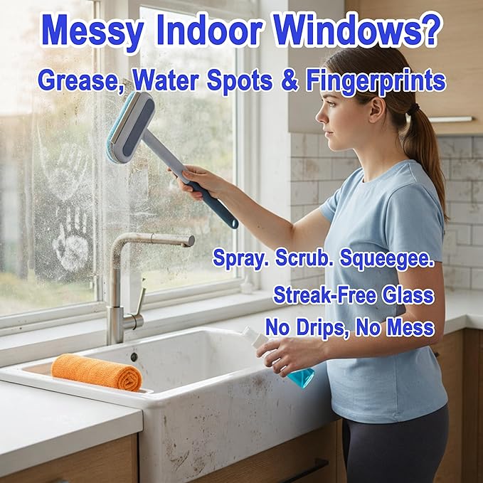 6-in-1 Window Track & Screen Cleaning Kit – Detachable Brushes, Squeegee, Microfiber Cloth & Spray Bottle for Home Window Cleaning