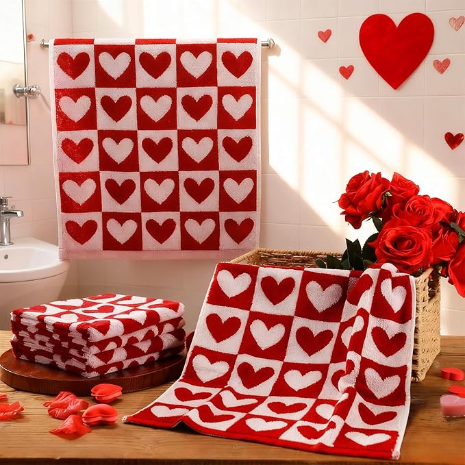 Frienda 4 Pcs Valentine's Day Hand Towels for Bathroom 13 x 29'' Soft 100% Cotton Red and White Hearts Decorative Towel Absorbent Valentine‘s Day Bathroom Decor for Drying Cleaning Cooking Gift