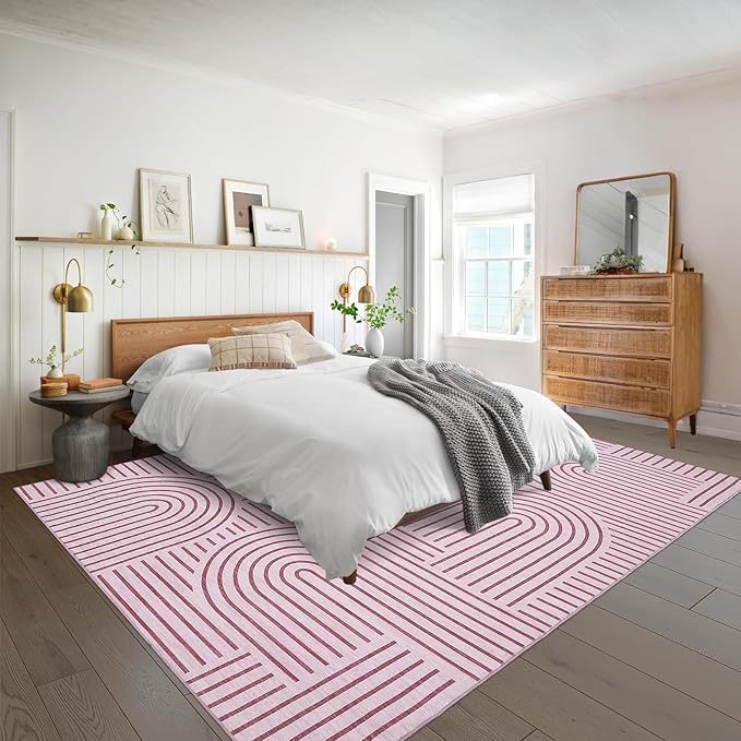 Washable Rug 8x10 Area Rugs for Living Room, Abstract Rug for Bedroom, Soft Rainbow Non Slip Throw Rugs with Rubber Back, Low Pile Stain Resistant Boho Geometric Carpet for Dining Room, Pink