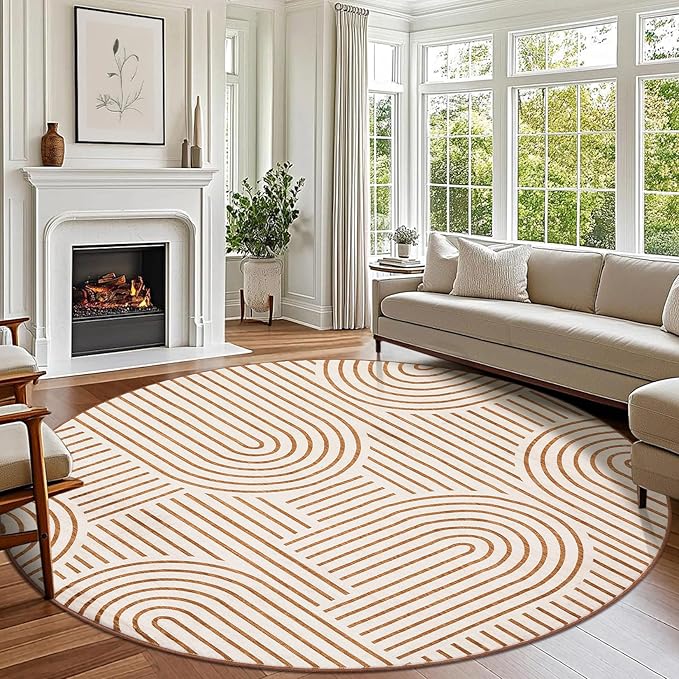 Washable Rug 4ft Area Rugs for Living Room, Abstract Rug for Bedroom, Soft Rainbow Non Slip Throw Rugs with Rubber Back, Low Pile Stain Resistant Boho Geometric Carpet for Dining Room,Orange