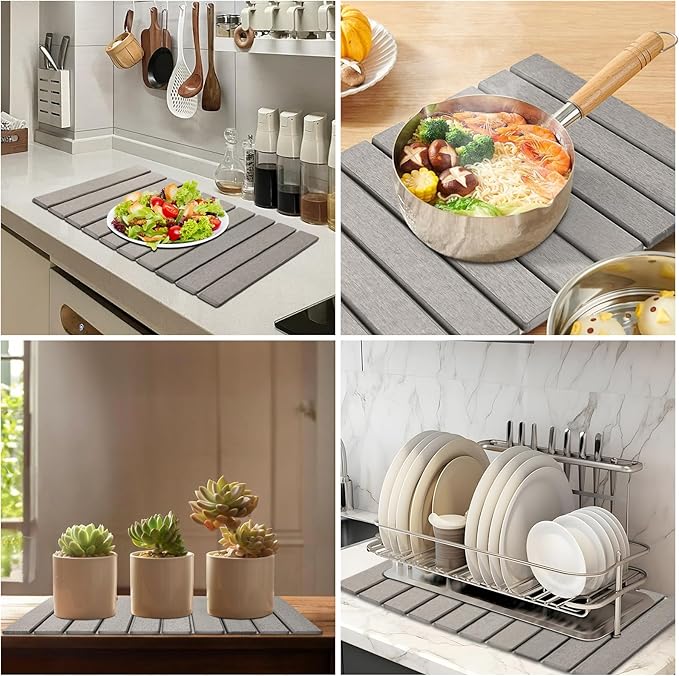 Large Stone Dish Drying Mat for Kitchen Counter, Stone Drying Mat for Kitchen Counter, Quick Dry Absorbent Diatomaceous Earth Mat for Dishes, Cups, Bottles, Any Countertop, 24"×16", Gray