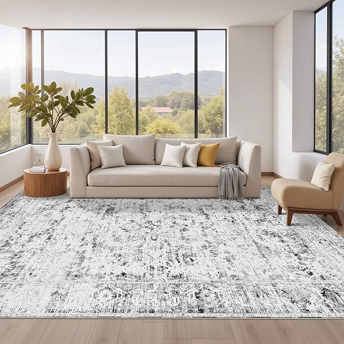 8x10 Large Area Rugs for Living Room, Vintage Grey Rugs for Bedroom,Washable Boho Indoor Soft Non Slip Carpet for Dining Room, Low Pile Rugs for Office,Farmhouse