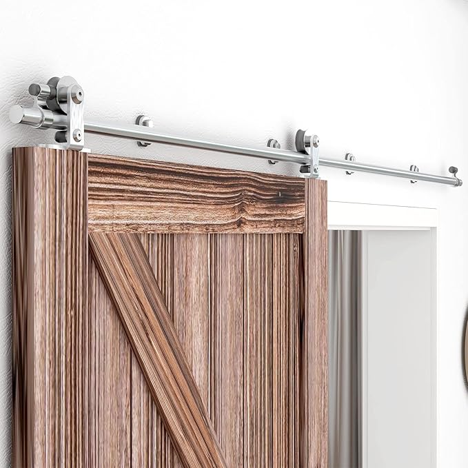 TSMST 7FT Sliding Barn Door Hardware Kit, Top Mount Stainless Steel Heavy Duty Sturdy Barn Door Track for Single Wood Door, Slide Smoothly Quietly (T Style)