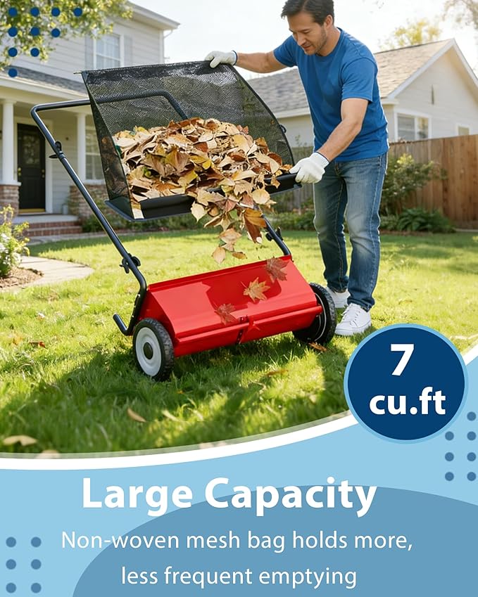 Push Lawn Sweeper,26 in Width Enhanced 4-Brush System, 7 ft Capacity Heavy Duty Steel Frame, Ideal for Yard and Garden Cleanup, Red