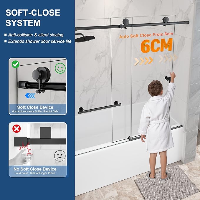 Frameless Tub Sliding Door,5/16"(8mm) Bathtub Shower Door with Soft-Close & Anti-Leak,Nano Coating Anti-Explosion Film SGCC Tempered Glass 55"-60" W x 60" H,Matte Black