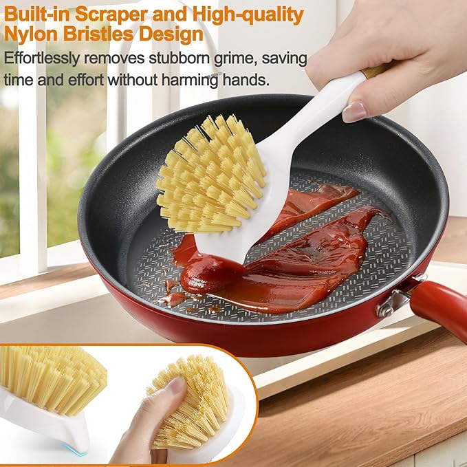 Dish Brush Set with Bamboo Handle, Kitchen Brushes for Cleaning Pot, Sink and Stove, Skillet Scrubber with Tough Bristles for Cast Iron Grill Pan, 2 Pack