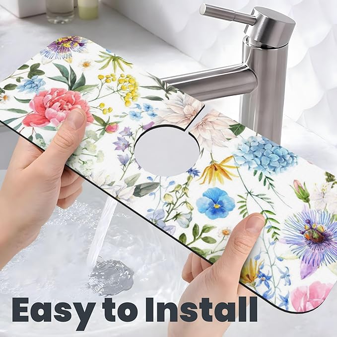 Colorful Flowers Dish Drying Mat for Kitchen Counter, 18"x24" Microfiber Absorbent Fast Dry Mat, 2Pcs Dish Mat Faucet Mats Sets, Large Drying Kitchen Mat Kitchen Drying Pad Coffee Bar Decor Gifts