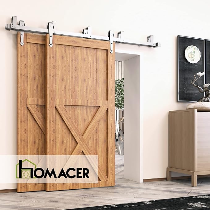 Homacer Brushed Nickel Double Track U-Shape Bypass Sliding Barn Door Hardware Kit, for Two/Double Doors, 10ft Long Flat Track, Arrow Design Roller