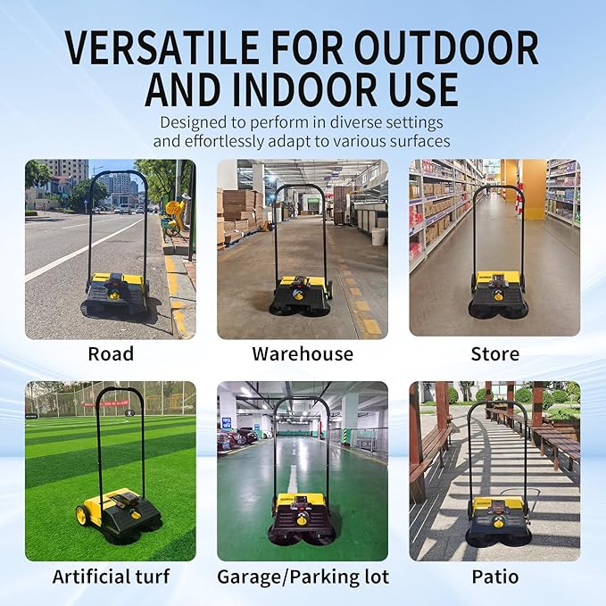 UNICOO® Electric Hand Push Floor Sweeper – Battery Powered Walk-Behind Sweeper with Dual Brush Rollers, 23" Sweeping Width & 6.6 Gallon Waste Bin – Indoor/Outdoor Push Sweeper (Yellow)