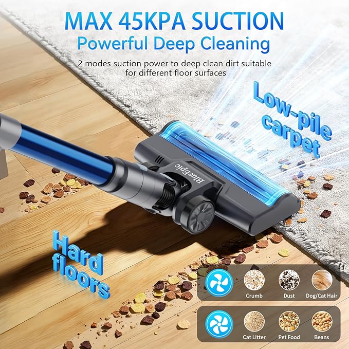 BlueEpic Cordless Vacuum Cleaner, 45KPA 45Mins Rechargeable Vacuum Cordless, Stick Vacuum with 2 Adjustable Modes, Handheld Vacuum for Home/Pet Hair/Carpet/Floor