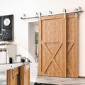 Homacer Brushed Nickel Double Track U-Shape Bypass Sliding Barn Door Hardware Kit, for Two/Double Doors, 10ft Long Flat Track, Arrow Design Roller