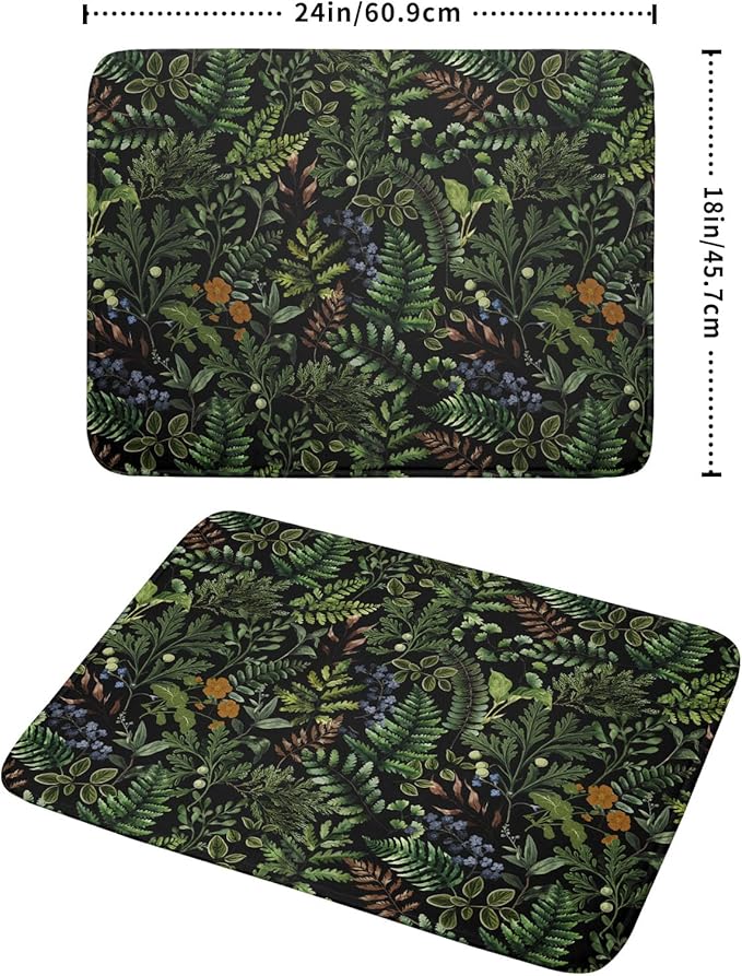 Black Sage Green Plant Dish Drying Mat for Kitchen Counter,Vintage Botanic Fern Leaves Floral Drying Mat 18 x 24 Inch with Absorbent Reversible Microfiber Drying Pad for Coffee Bar