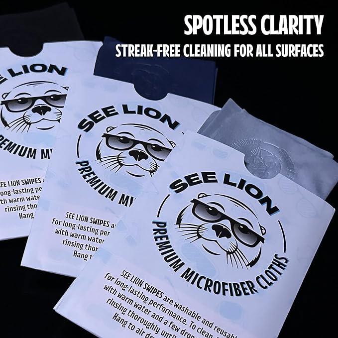 cellhelmet See Lion Swipes | Microfiber Lens Cleaning Cloths – Ultrasoft, Reusable Wipes for Glasses, Screens, and Lenses (Black/Navy, 6-Pack)