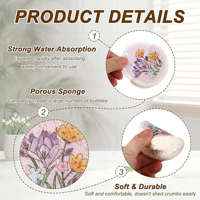 uxcell 6Pcs Cellulose Sponges, Round Kitchen Clean Sponges Non-Scratch Compressed Dish Scrubber with Floral Pattern for Kitchen Household Cookware Bathroom Cleaning & DIY, Purple