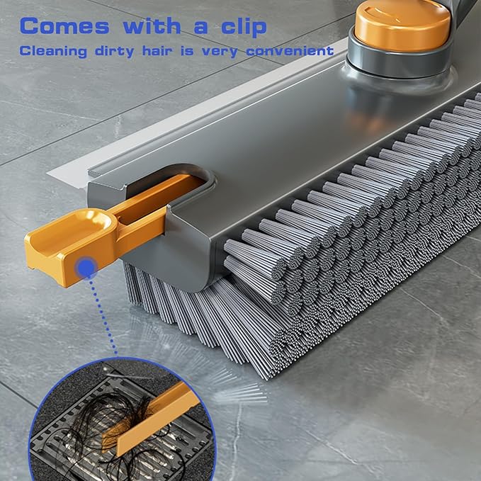 Floor Scrubbing Brush with Squeegee,2 in 1 Grout Brush with 54" Adjustable Long Handle,V-Shape Stiff Brush Bristle,360°Rotation,Bathroom Cleaning Brush for Tile,Deck,Garage,Kitchen,Swimming Pool,Grey