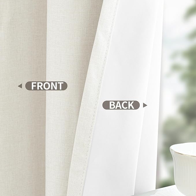 YoungsTex Linen Blackout Curtains 45 Inch Length for Bedroom, Short Thermal Insulated Window Drapes Full Room Darkening with Grommet White Liner for Living Room, 2 Panels, 42 X 45 Inch