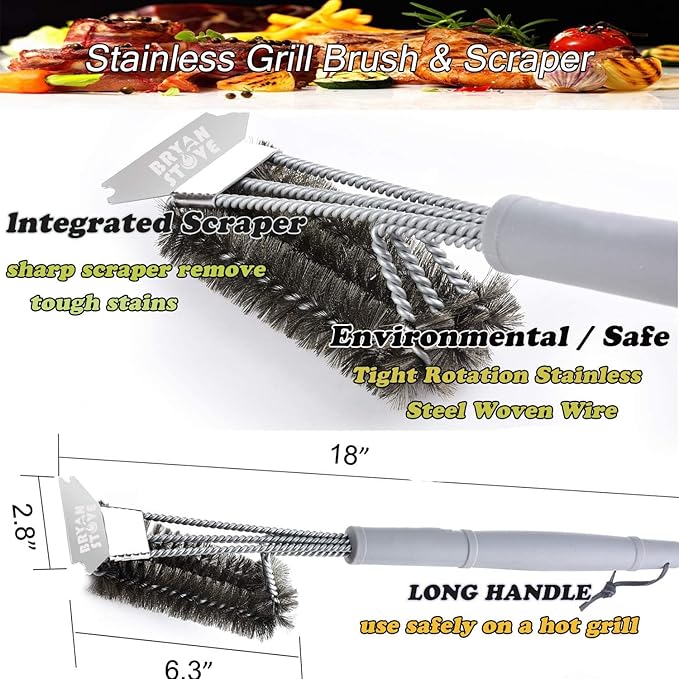 Grill Brush and Scraper-Best BBQ Brush for Grill Outdoor, Safe 18" Stainless Steel w/Wire 3 in 1 Bristles Grill Cleaning Brush - Gifts for Grilling Enthusiasts & Men Dad