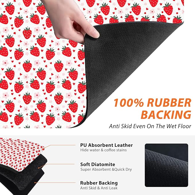 Strawberry Dish Drying Mat - Summer Strawberry Absorbent Dish Drying Mat for Kitchen Counter, Coffee Maker Mat for Countertops, Dish Rack Drainer Mat, Strawberry Kitchen Decor 16x17.5 Inch
