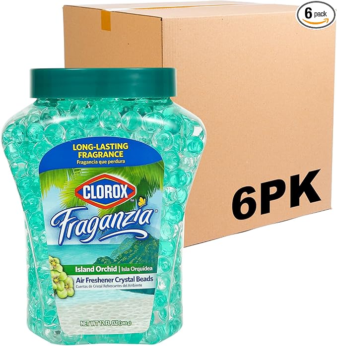 Clorox Fraganzia Crystal Beads Air Freshener, Long Lasting Room Deodorizer and Odor Eliminator Gel Beads to Freshen Home, Car, or Office, Island Orchid Scent, 12 Fl Oz - 6 Pack