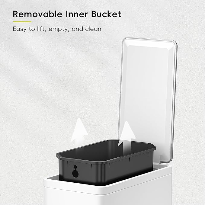 EKO Slim Small Bathroom Trash Can with Lid, Stainless Steel Small Garbage Can with Removable Inner Bucket, 6L / 1.6 Gal, Step On Trash Bin (White)