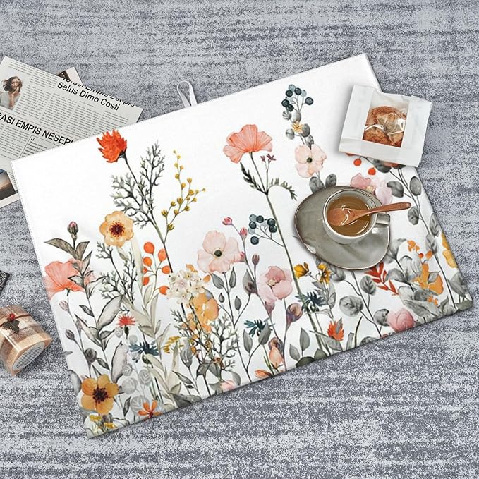 Colorful Wildflowers Dish Drying Mat 18x24 inches Microfiber Absorbent Fast Dry Mat for Kitchen Counter Coffee Bar Floral Large Drying Mat Kitchen Decor Gifts (Wildflowers, 18x24 inches)