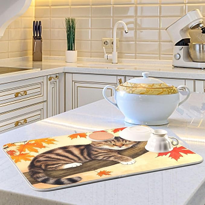 Fall Cats Dish Drying Mat for Kitchen Countertop 18x24 Autumn Maple Leaves Kitty Thanksgiving Day Large Drying Mat Reusable Quick Dry Dish Sink Mats Easy Clean Decorative Essentials