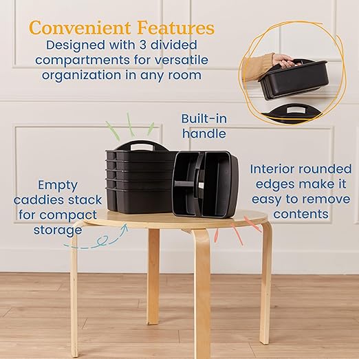 ECR4Kids 3-Compartment Storage Caddy, Storage Organizer, Black, 6-Pack