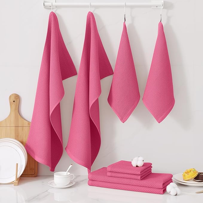 Homaxy 100% Cotton Kitchen Towels and Dishcloths Set, 12 x 12 Inches and 13 x 28 Inches, Set of 12 Bulk Kitchen Towels Set, Ultra Soft Absorbent Dish Cloths for Washing Dishes, Hot Pink