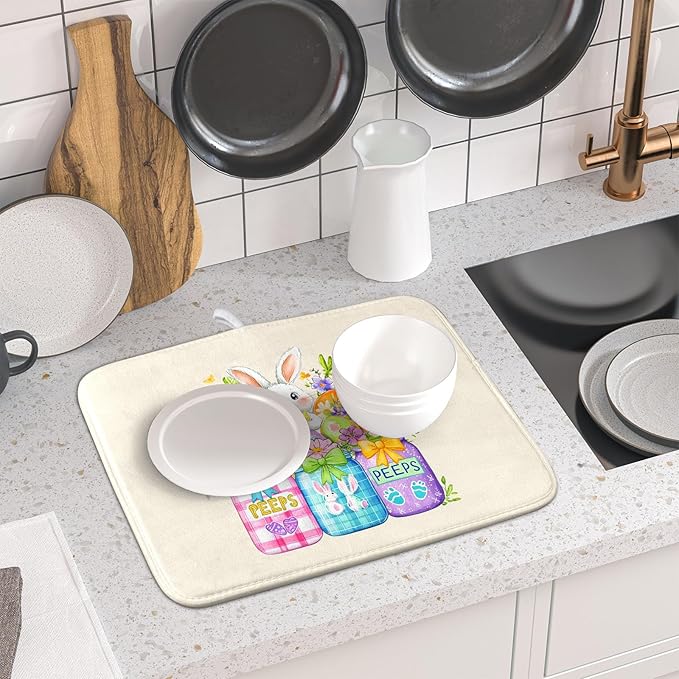 Easter Bunny Carrots Dish Drying Mat for Kitchen Counter,Spring Colorful Flowers Mason Jar Drying Mat 16 x 18 Inch with Absorbent Reversible Microfiber Drying Pad for Coffee Bar