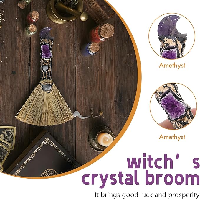 Crystal Witch Altar Broom - Witchcraft Supplies with Moon Design Amethyst Wiccan Stuff Magic Broomstick with Natural Healing Crystals Pagan Fengshui Reiki Energy Clearing Gift