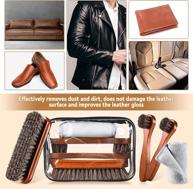 4 Pcs Horsehair Shoe Brush Kit Polishing Daubers Applicators Leather Care Brushes Shine Cleaning Cloth with Bag(Shoe Brush Set E)