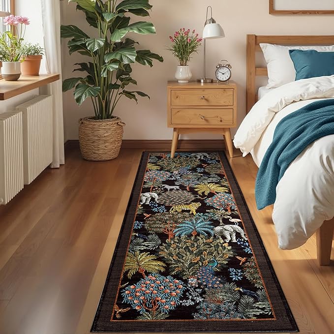 GarveeHome Jungle Rug 2.5x10 Kitchen Runner Rug Non Slip Washable Runners for Hallways, Animal Print Runner Rugs with Rubber Backing Low-Pile Forest Long Carpet for Bedroom Entryway Laundry, Black