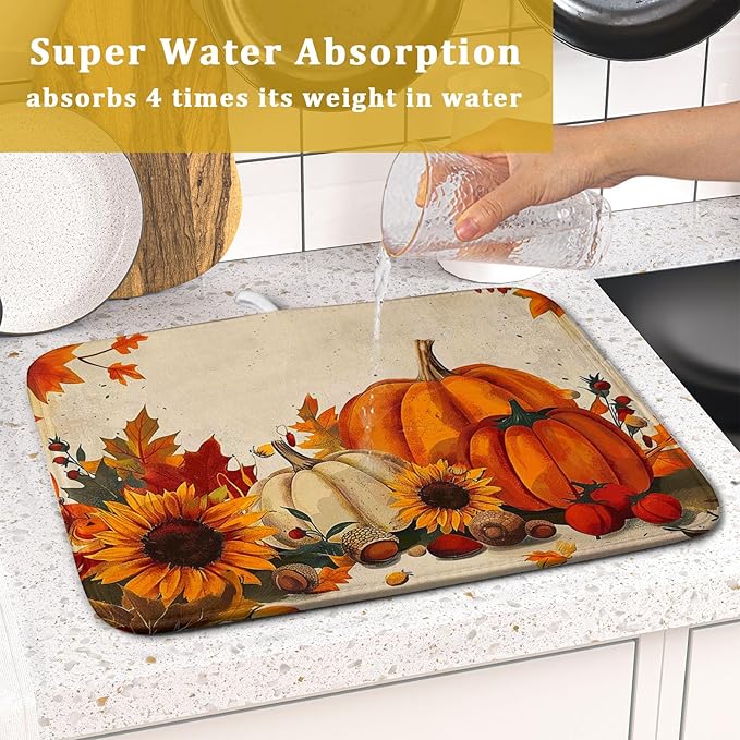 Happy Thanksgiving Day Harvest Dish Drying Mat for Kitchen Counter,Sunflower Maple Leaves Pumpkin Drying Mat 16 x 18 Inch with Absorbent Reversible Microfiber Dish Drying Pad for Coffee Bar