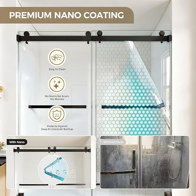 56-60"W x 60"H Frameless Bathtub Shower Door, Double Sliding Tub Shower Glass Door, 5/16" (8mm) SGCC Tempered Glass Shower Doors with Nano-Coating and Explosion-Proof Film, Easy to Clean, Matte Black