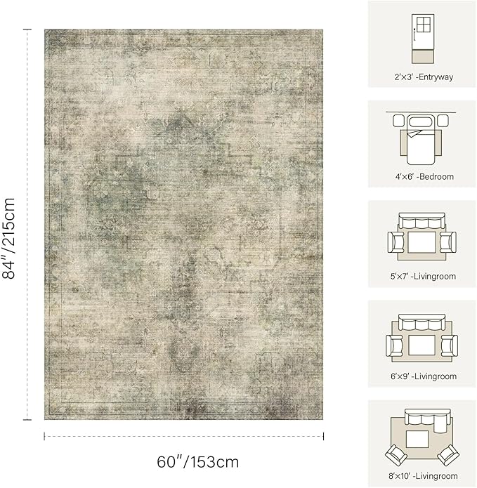 Vintage 2x3 Entryway Rug, Small Green Area Rugs For Entry Door Mat Kitchen, Bedroom,Laundry, Washable Indoor Hallway Runner Entrance Distressed Throw Rug, Soft Carpets For Bathroom Dorm Office