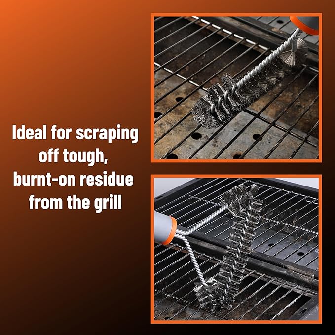 UNCO- 3-Sided Grill Brush - Stainless Steel, 12.2" - BBQ Grill Cleaner Brush