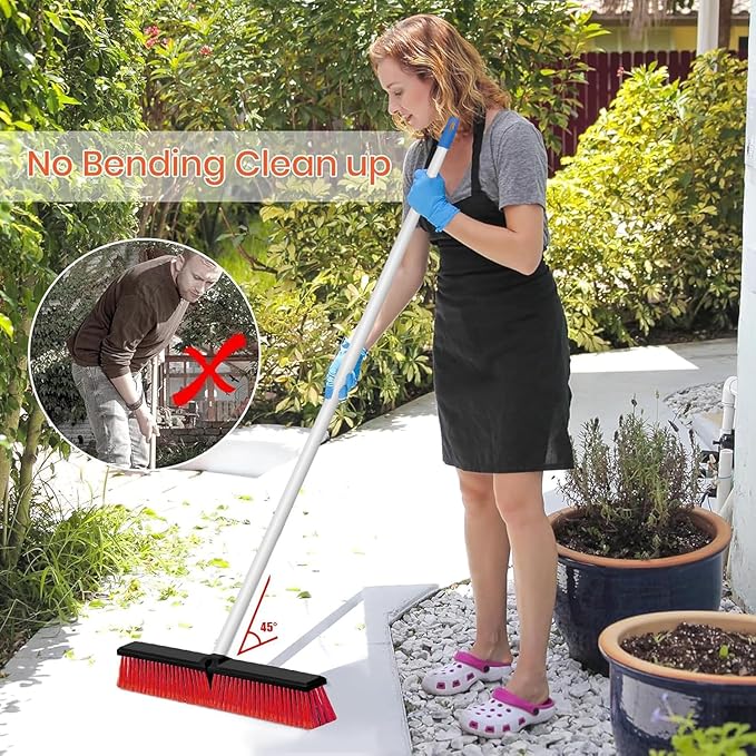 18" Push Broom Outdoor Heavy Duty, Snow Broom with Long Handle, Shop Broom Garage Push Broom for Garden, Patio, Garage, Bathroom, Kitchen, Tub, Carpet, Tile, Deck, Concrete, Industrial (Red White)