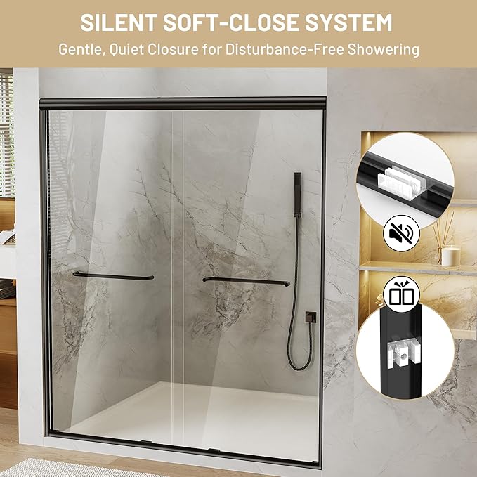 50-54" W x 70" H Double Sliding Shower Door, Semi-Frameless Shower Door with 1/4"(6mm) Clear Tempered Glass, Silent Soft-Close Door for Walk-in Shower, Matt Black