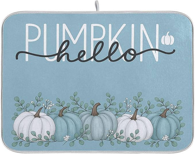Fall Pumpkin Aqua Blue Dish Drying Mat for Kitchen Countertop 18x24 Eucalyptus Leaves Turquoise Autumn Large Drying Mat Reusable Quick Dry Dish Sink Mats Easy Clean Decorative Essentials