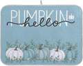 Fall Pumpkin Aqua Blue Dish Drying Mat for Kitchen Countertop 18x24 Eucalyptus Leaves Turquoise Autumn Large Drying Mat Reusable Quick Dry Dish Sink Mats Easy Clean Decorative Essentials